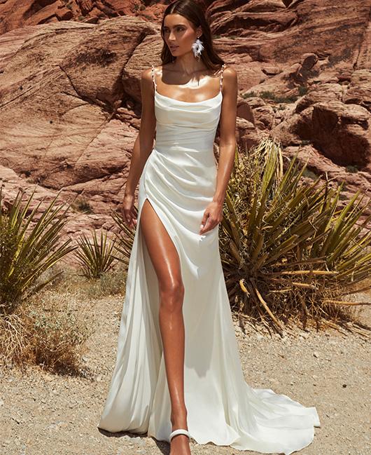 Sexy Backless Wedding Dress with Slit and Spaghetti Straps